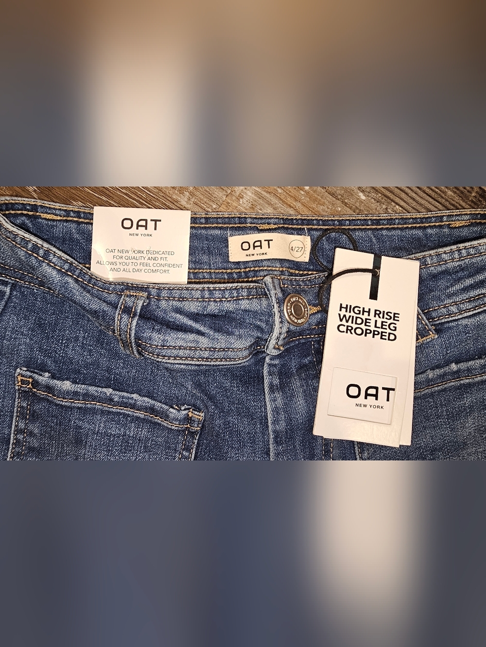 OAT New York High Rise Wide Leg Cropped Jeans Size 4 27 NWT Dark Wash Denim - Picture 2 of 4